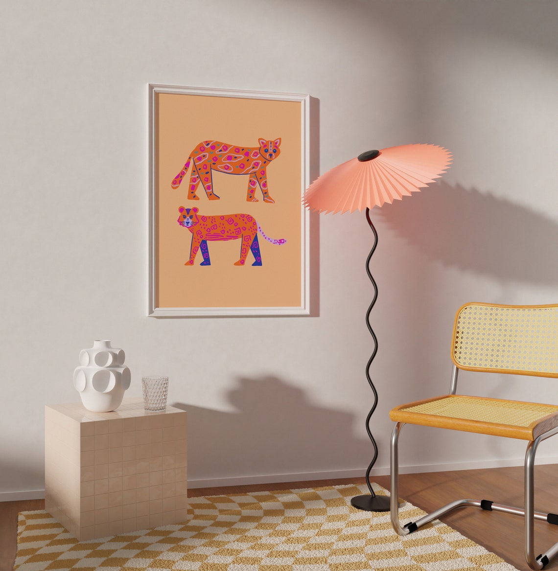 Orange Folk Art Leopard Cats Pair Patterned Peach Background Poster - Image 3