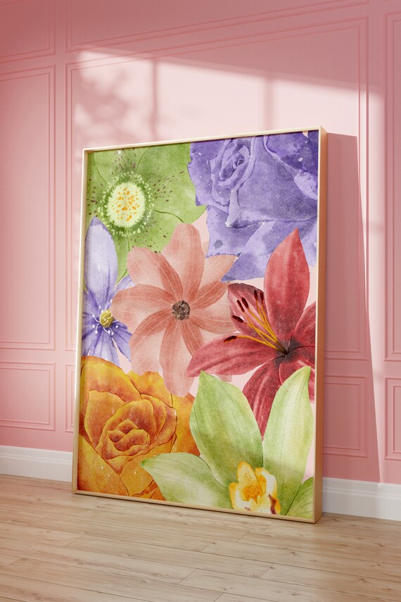 Colorful Watercolor Flower Collage Rose Lily Daisy Botanical Poster