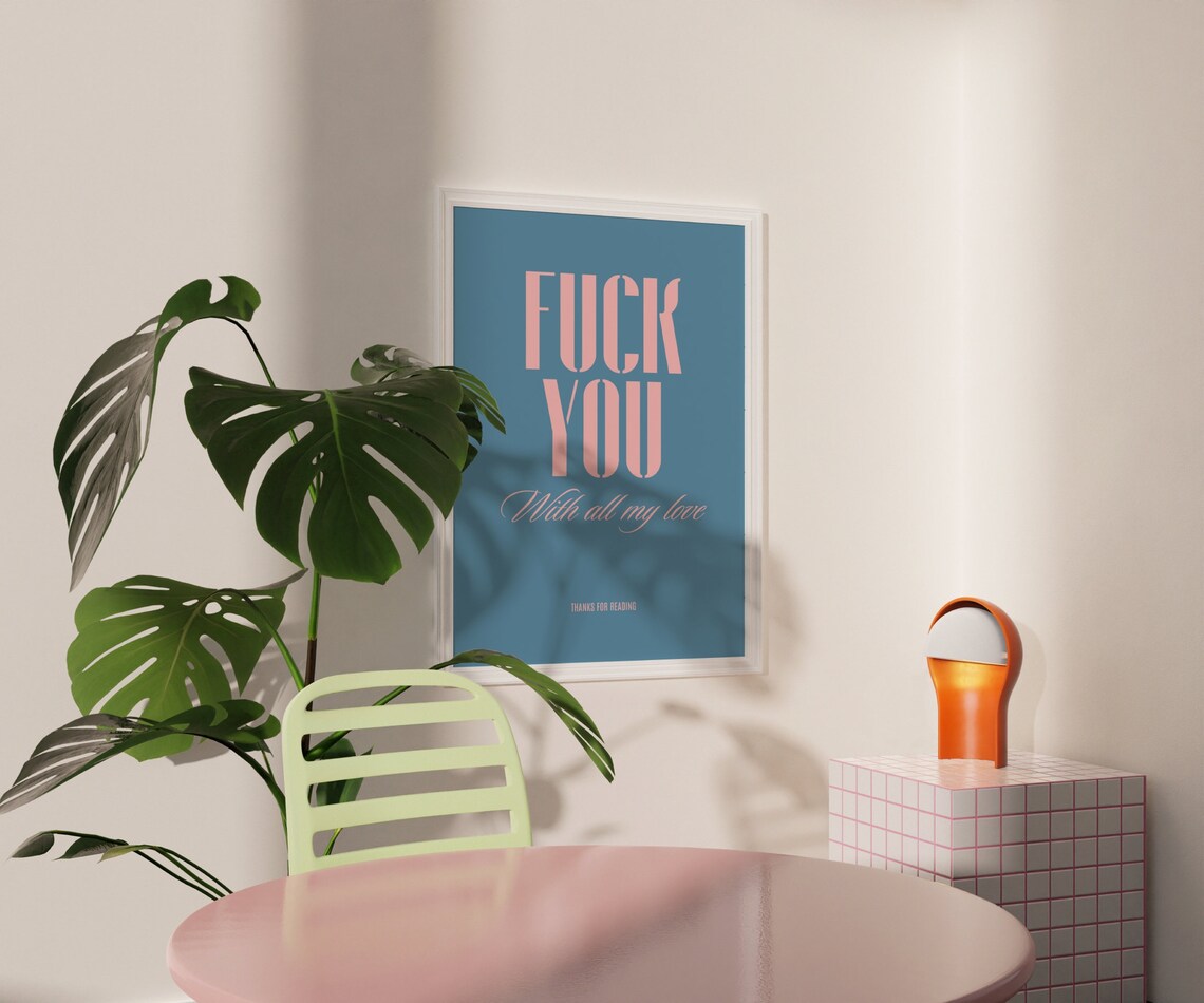 Cheeky Fuck You With All My Love Pink on Teal Typography Quote Poster - Image 3