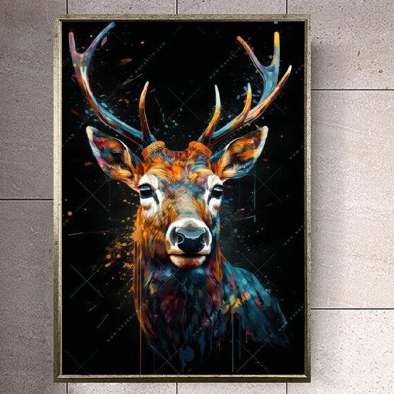 Majestic Stag With Antlers Paint Splash Art On Black Background Poster