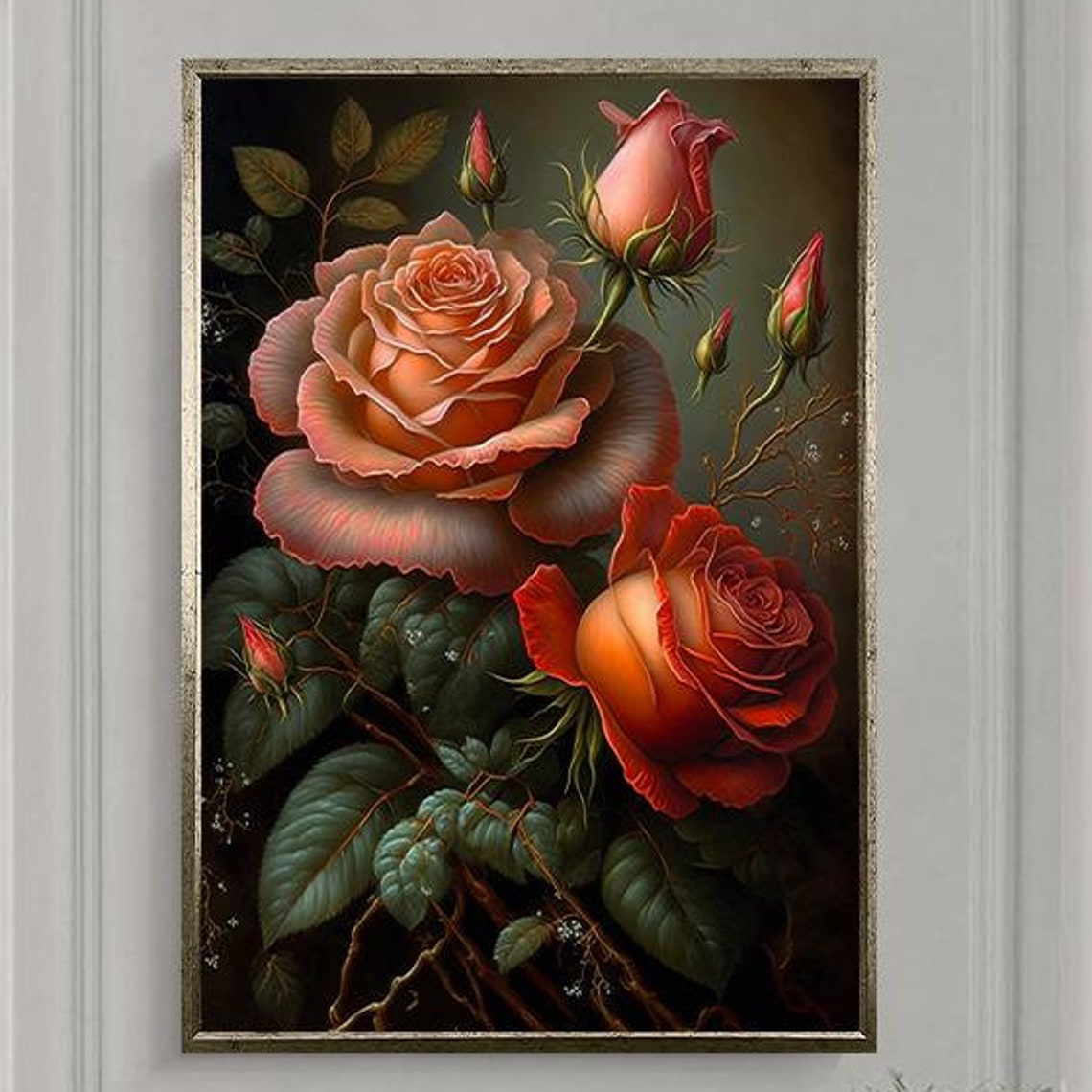 Vintage Peach Rose Blooms With Buds on Moody Dark Background Poster