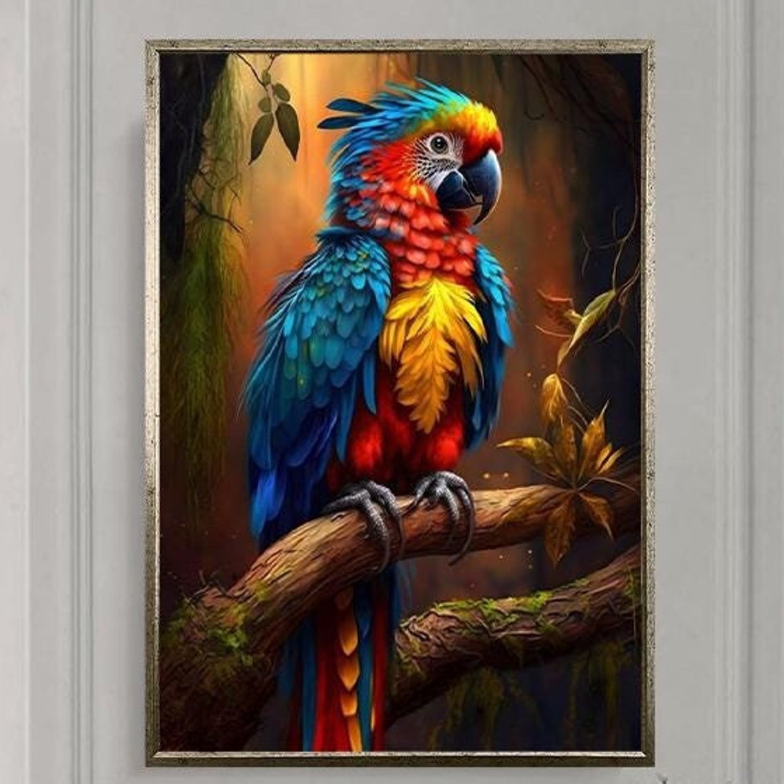 Scarlet Macaw Parrot On Branch In Tropical Jungle Bird Print