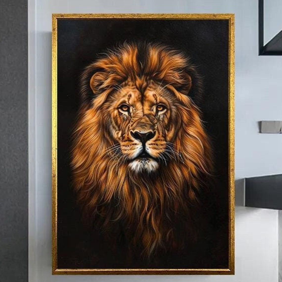Majestic Golden Maned Lion Portrait on a Dark Background Poster