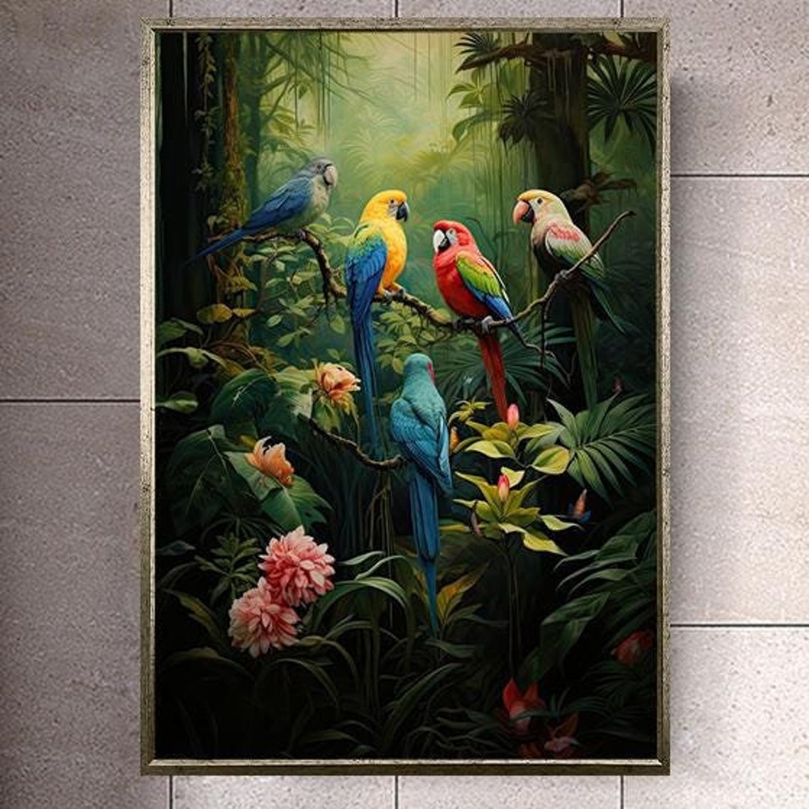Five Colorful Parrots Perched In Lush Tropical Jungle Art Poster
