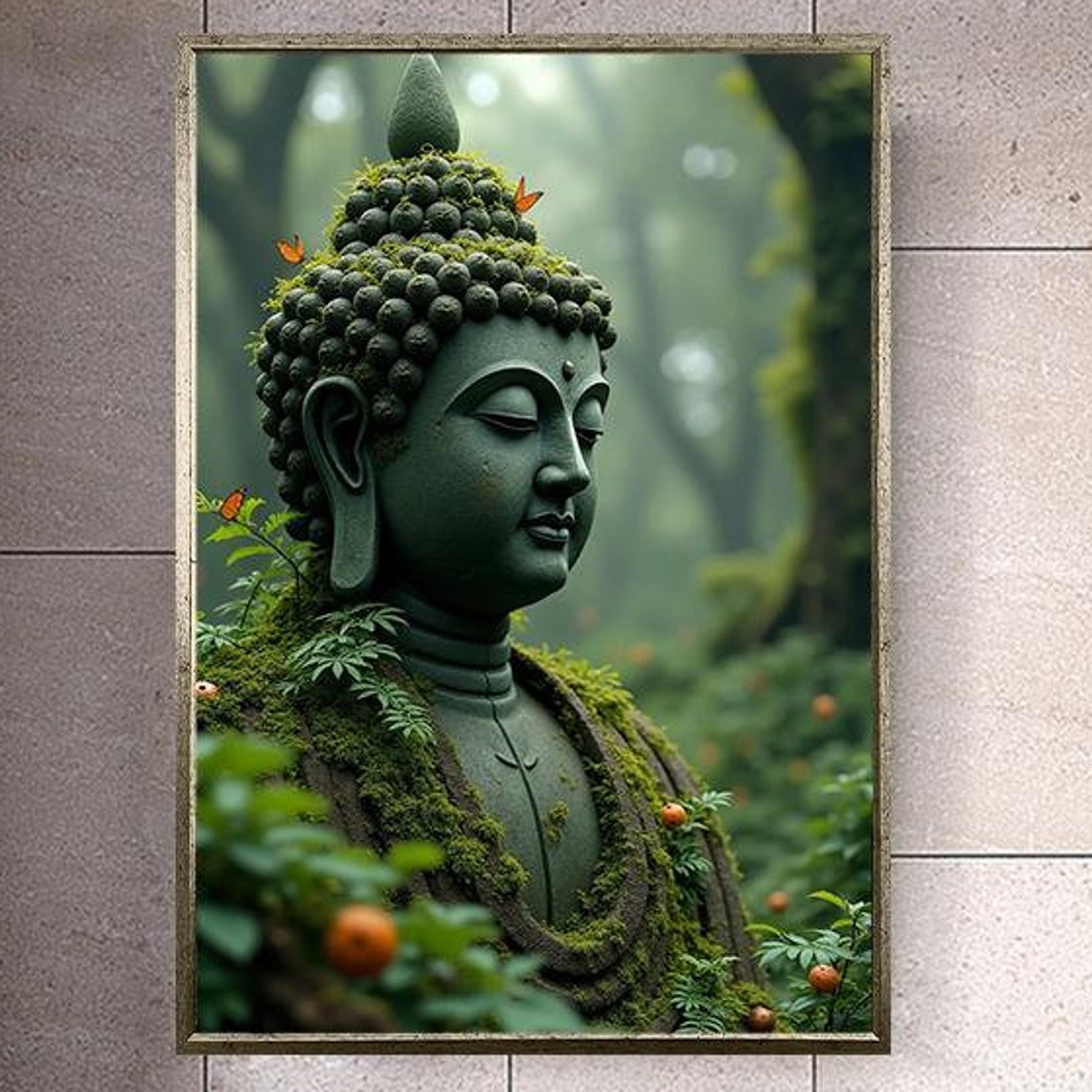 Moss Covered Buddha Head Statue in Misty Forest Zen Art Poster