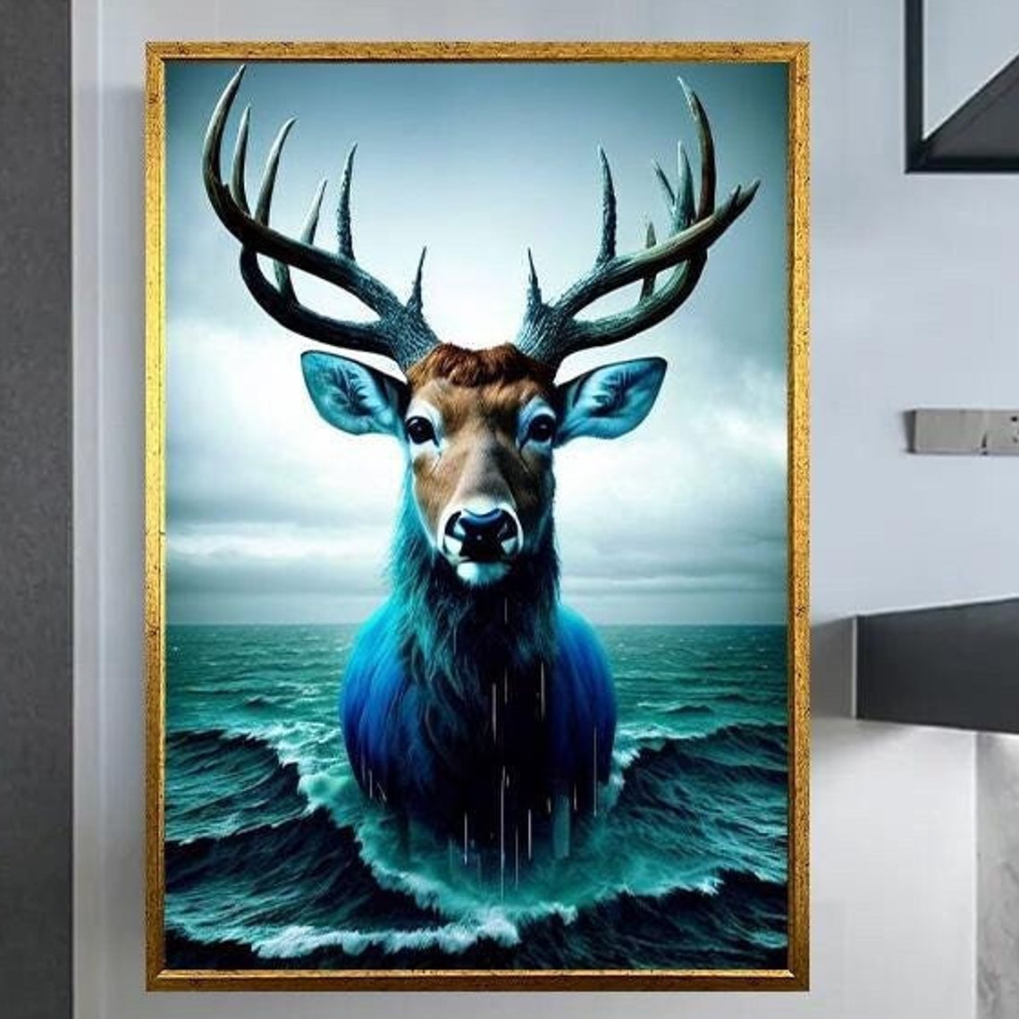 Majestic Stag Emerging From Ocean Waves Surreal Wildlife Poster