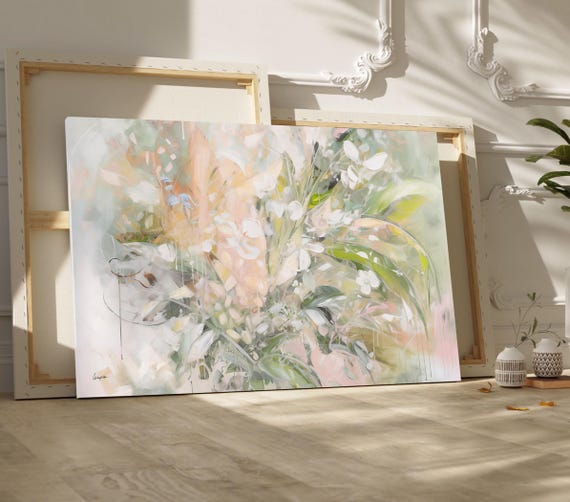 White Flowers Abstract Art Print, Natural Farmhouse