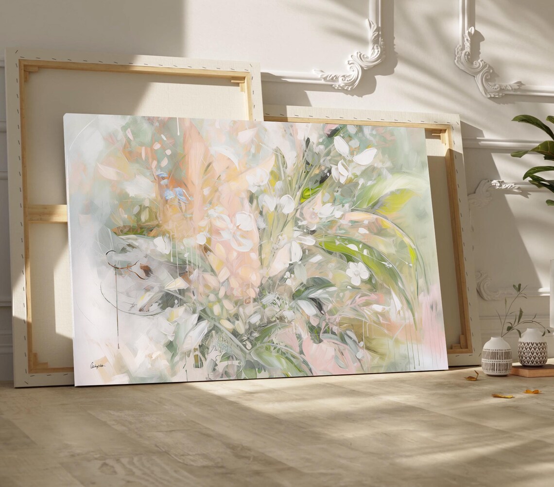 White Flowers Abstract Art Print, Natural Farmhouse