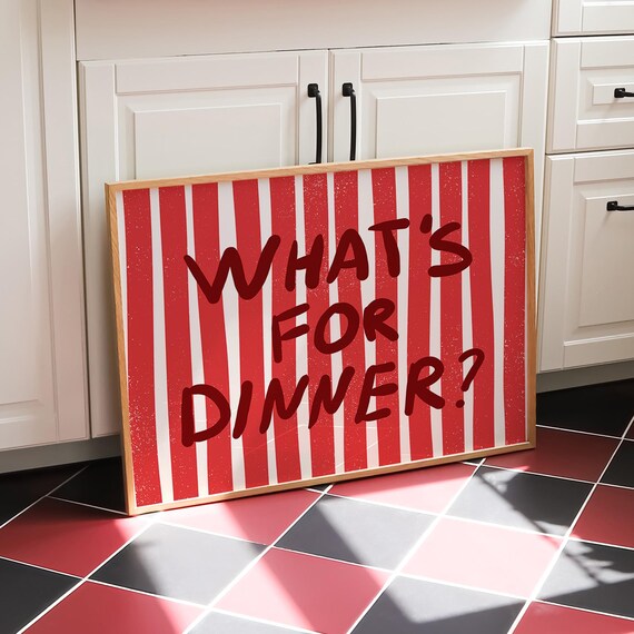 What's For Dinner Bold Red Striped Typography Kitchen Poster