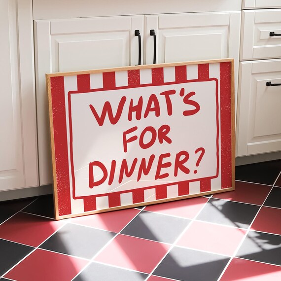 What's For Dinner Red Retro Bordered Hand Lettered Kitchen Poster