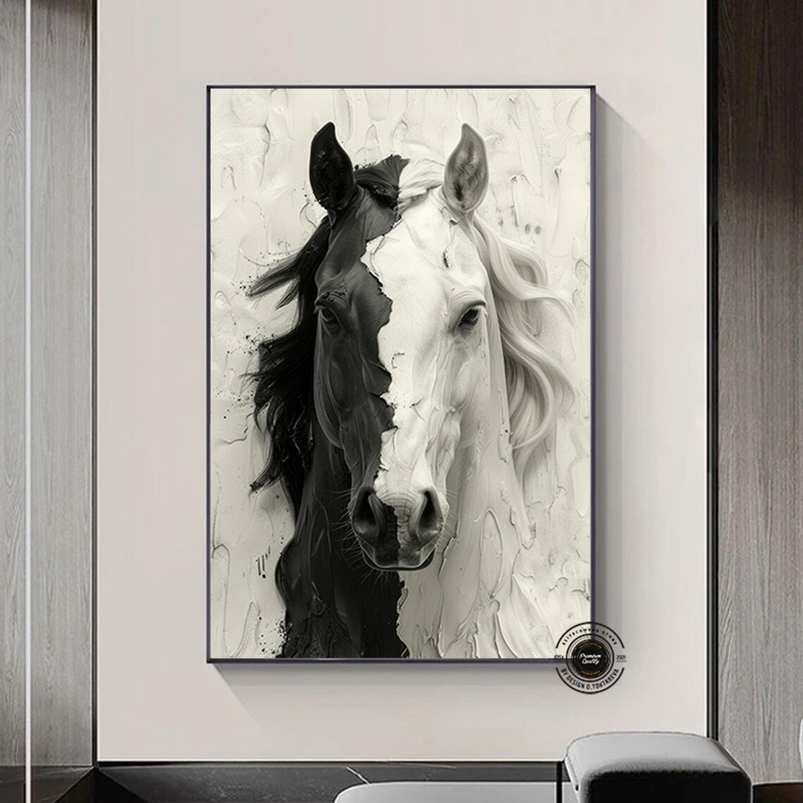 Black White Horse Half Face Textured Abstract Oil Art Poster