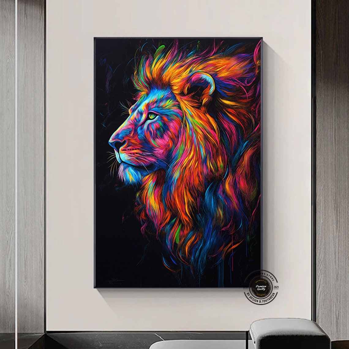 Vibrant Neon Rainbow Lion Portrait Abstract Colorful Animal Poster