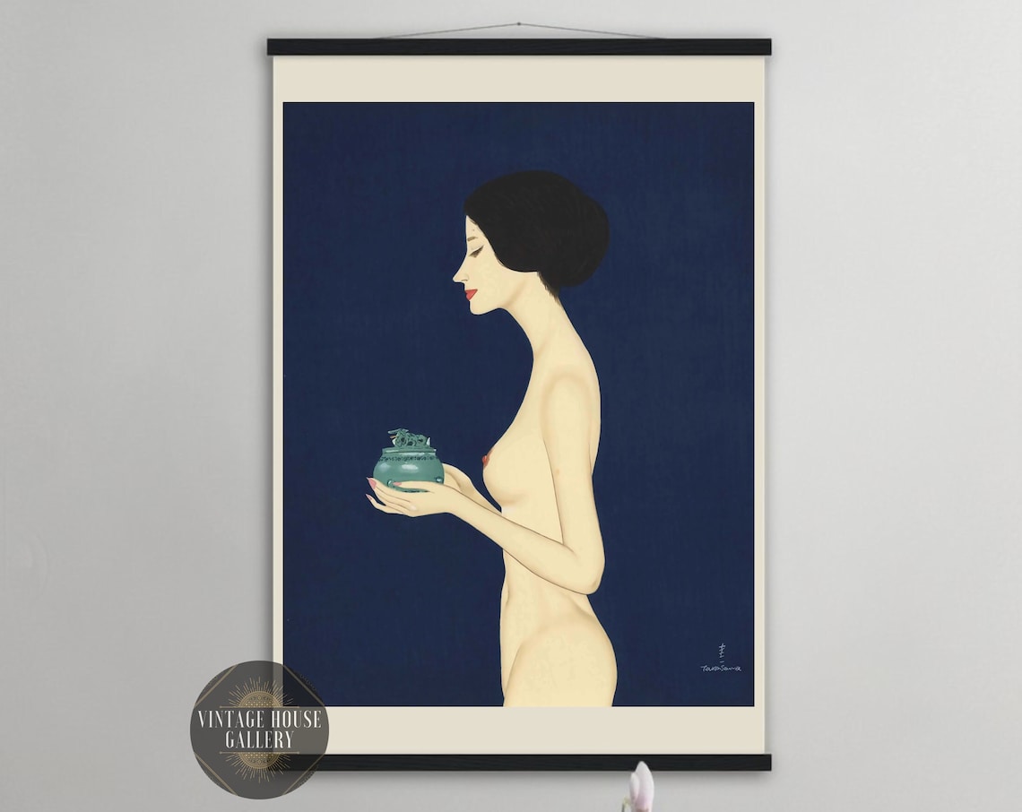 Toshio Saito Nude Woman Holding Green Vase Blue Woodblock Poster