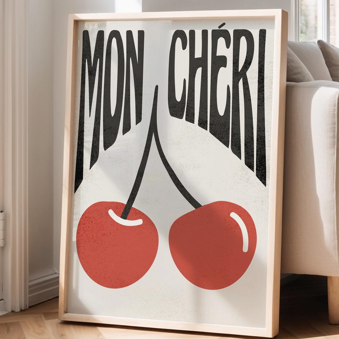 Mon Cheri Cherry Retro Black French Typography Kitchen Wall Poster