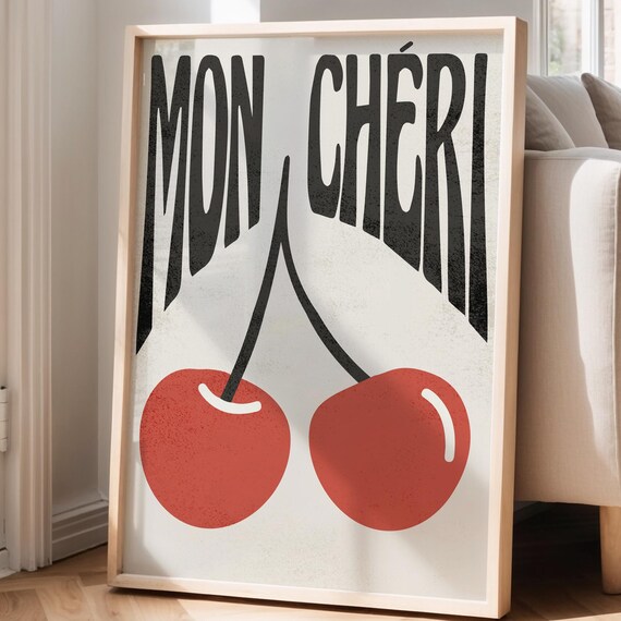 Mon Cheri Cherry Retro Black French Typography Kitchen Wall Poster