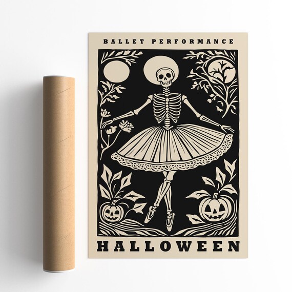 Vintage Ballet Performance Halloween Cream Skeleton Ballerina Poster