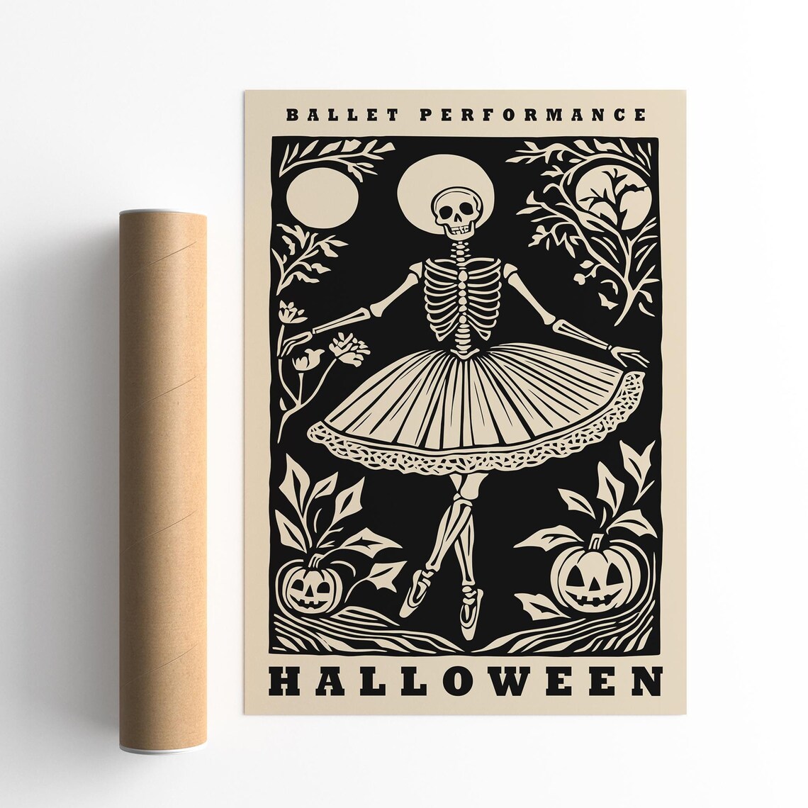 Vintage Ballet Performance Halloween Cream Skeleton Ballerina Poster