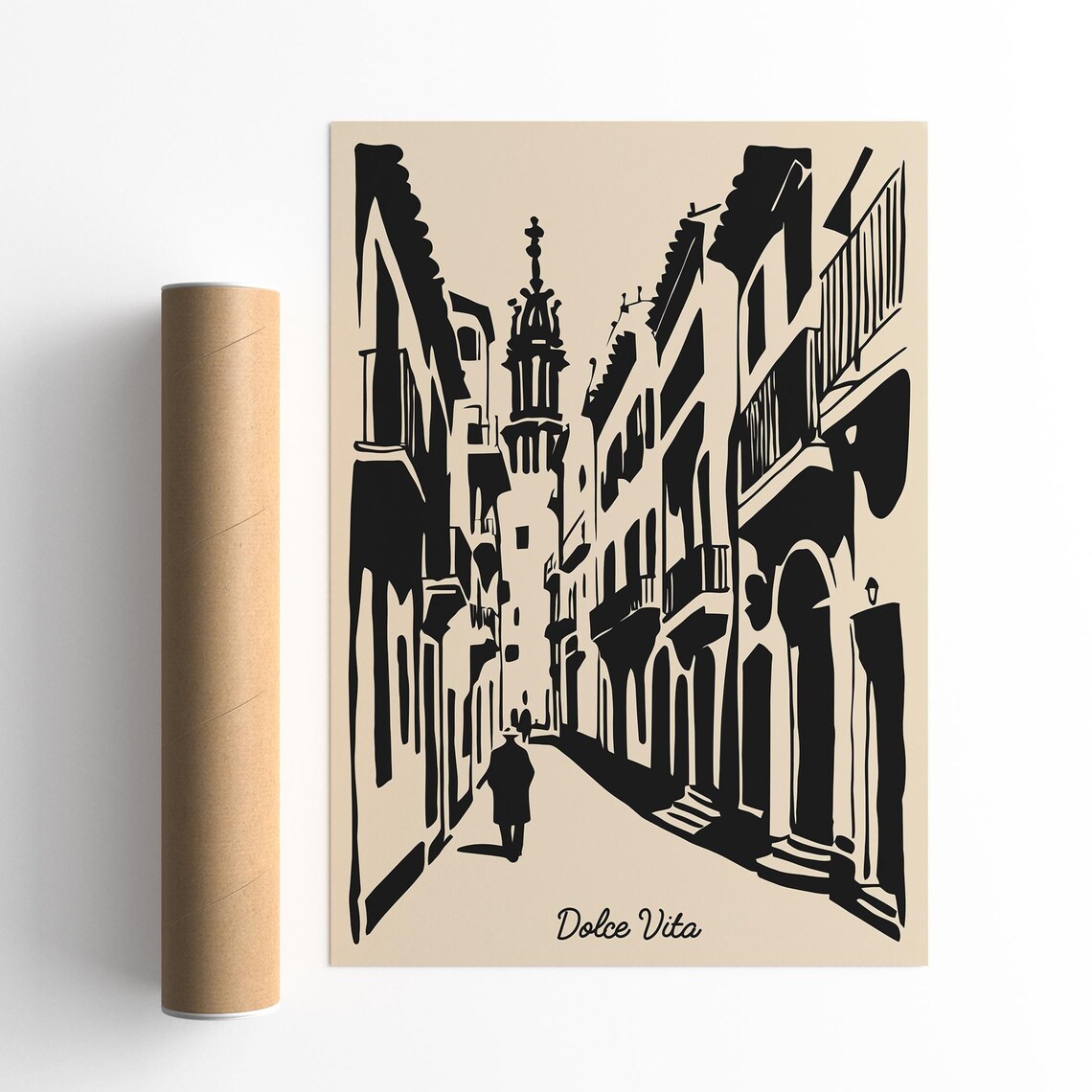 Dolce Vita Italian Street Scene Monochrome Ink Travel Art Poster