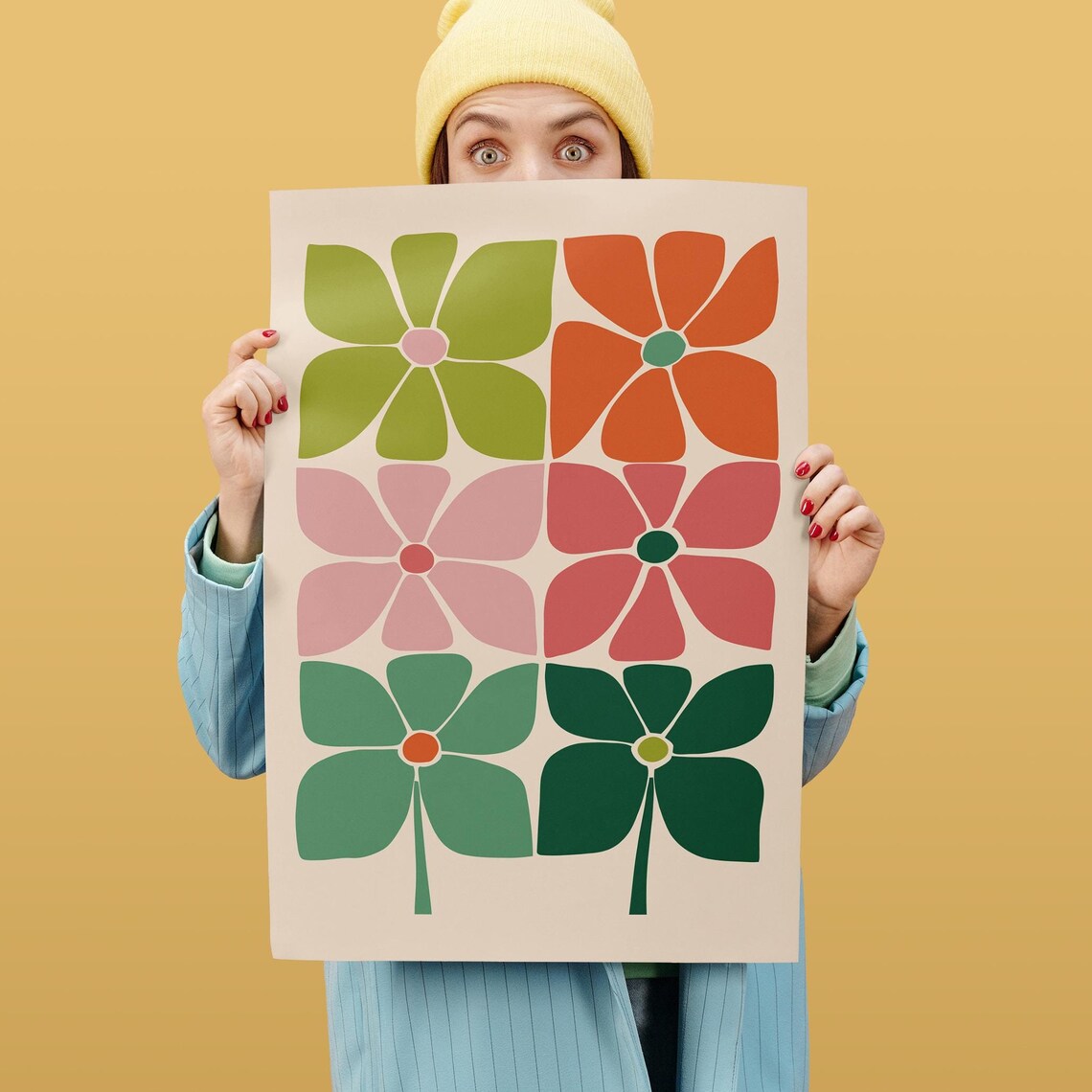 70s Retro Grid of Six Bold Colorful Flowers Floral Art Poster