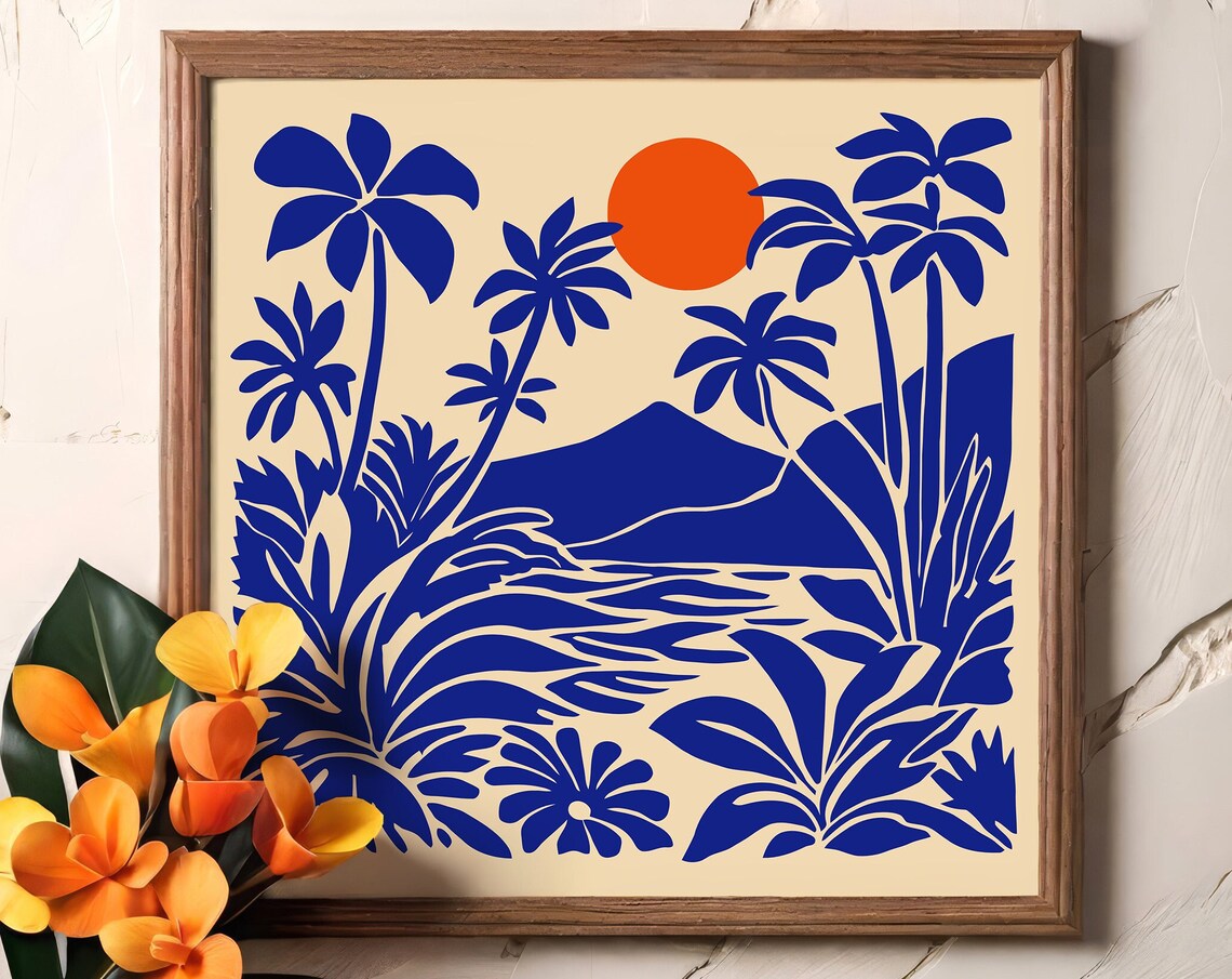 Tropical Sunset Poster With Blue Palms And Blazing Orange Sun
