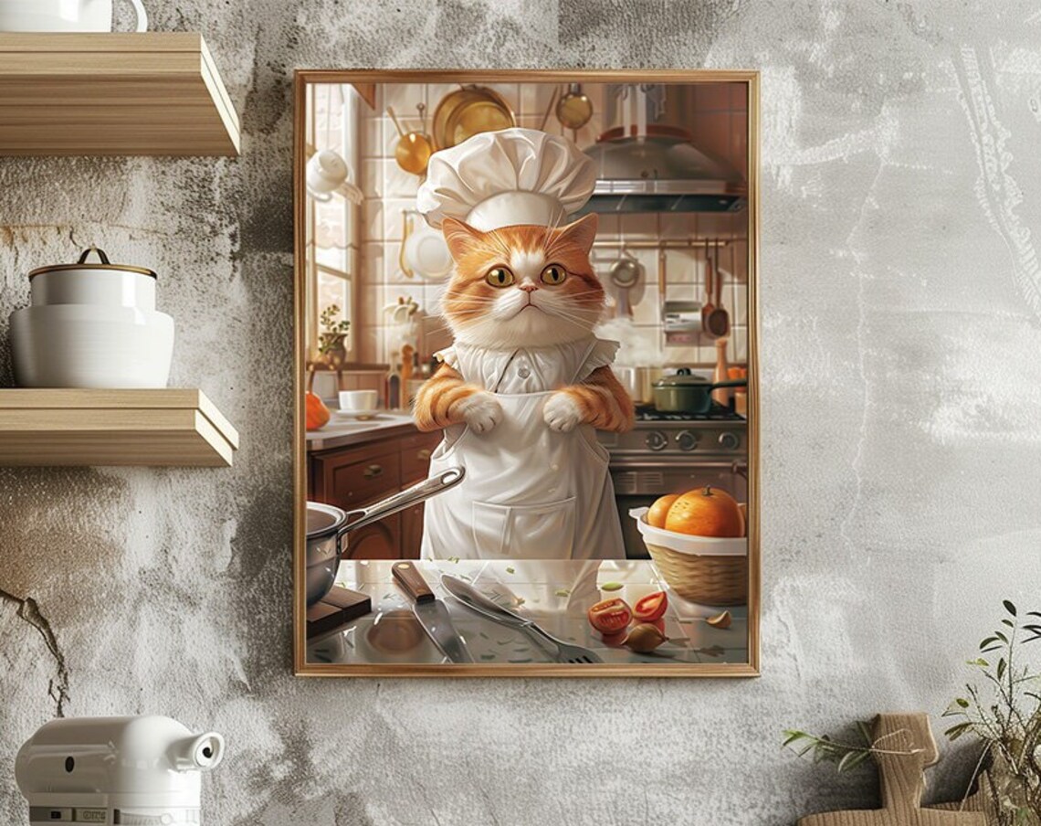 Chef Chubby Cat Cooking In Kitchen Poster