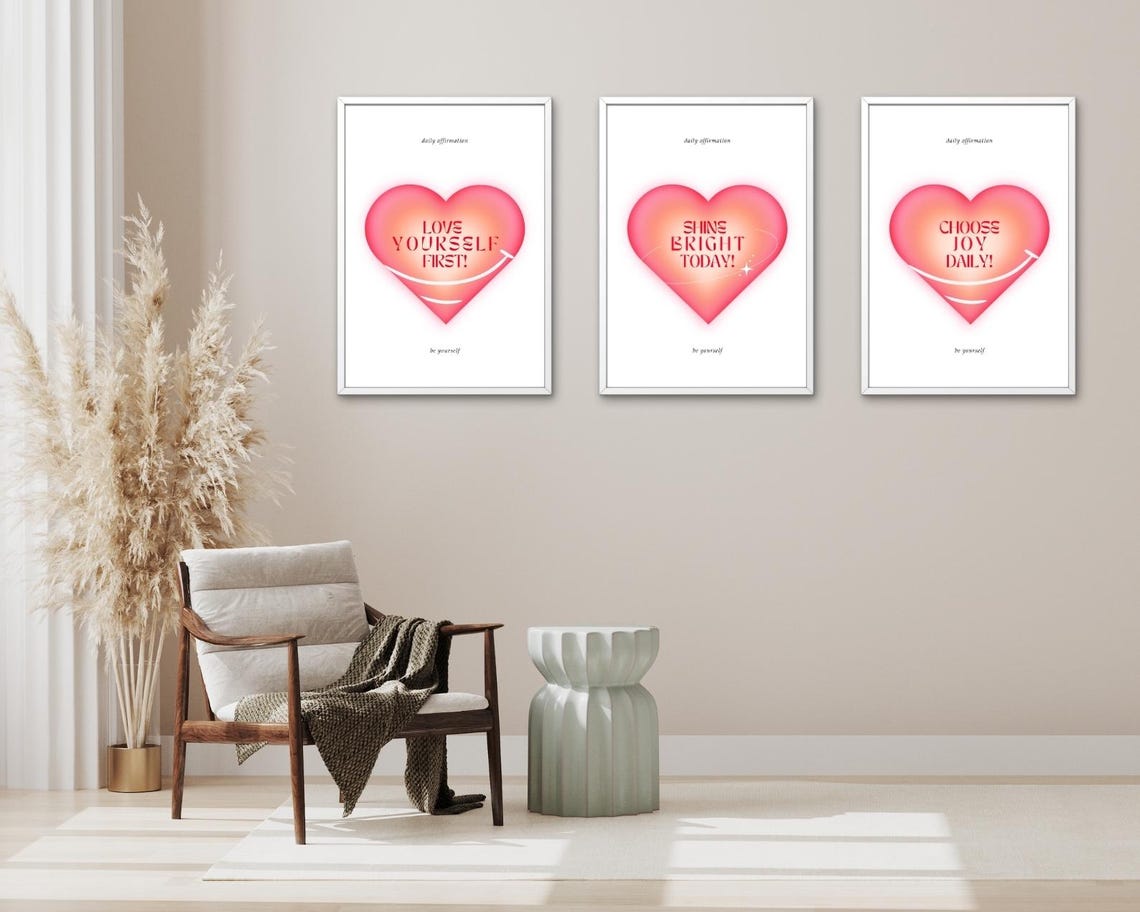 Love Yourself First Gradient Heart Daily Affirmation Pink Poster - Image 2