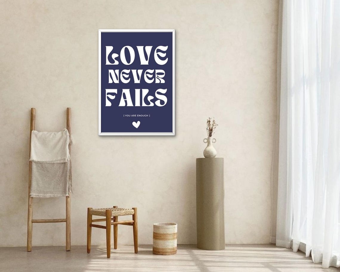 Love Never Fails Navy Blue White Retro Typography Heart Quote Poster - Image 2