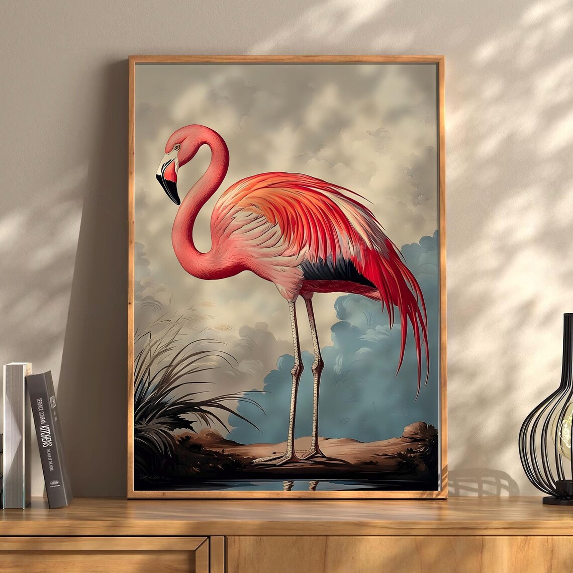 Tropical Pink Flamingo Vintage Wildlife Painting Marsh Birds Poster