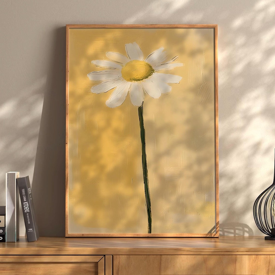 Single White Daisy On Golden Yellow Minimalist Floral Poster - Image 2