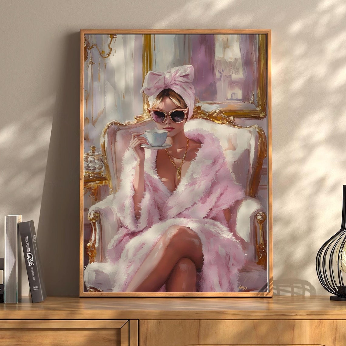 Glamorous Woman Pink Robe Sunglasses Coffee Vintage Boudoir Poster