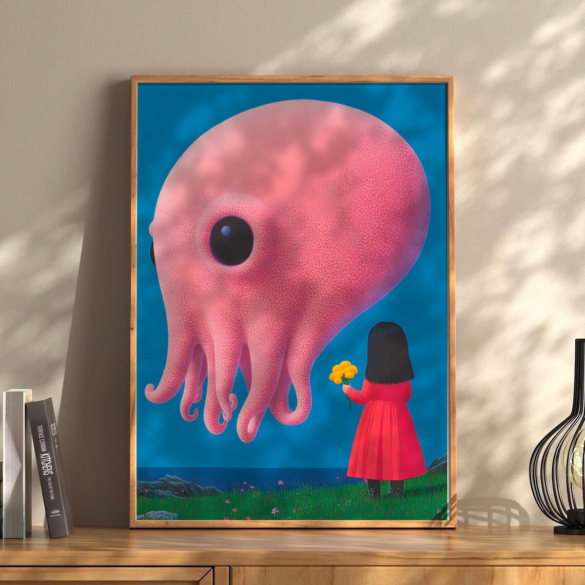 Whimsical Giant Pink Octopus Girl With Yellow Flowers Seaside Poster