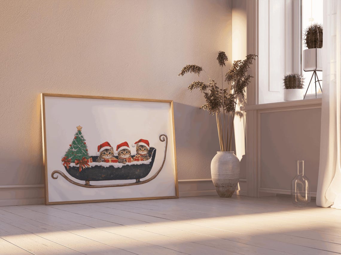 Three Tabby Cats Santa Hats Christmas Sleigh Painting Poster - Image 2