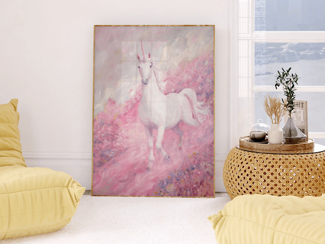 White Unicorn in Pink Flower Field Magical Fantasy Art Print - Image 2
