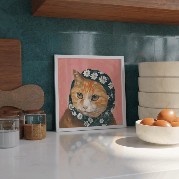 Adorable Orange Tabby Cat Daisy Babushka Pink Portrait Poster
