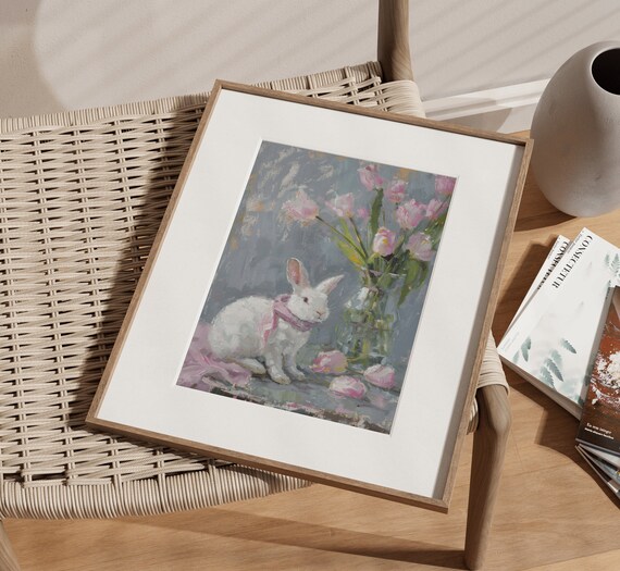 White Rabbit Pink Tulips Floral Still Life Oil Painting Art Poster