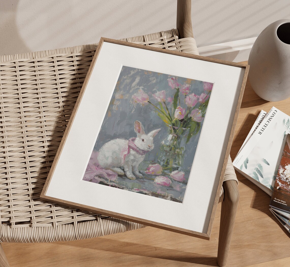 White Rabbit Pink Tulips Floral Still Life Oil Painting Art Poster