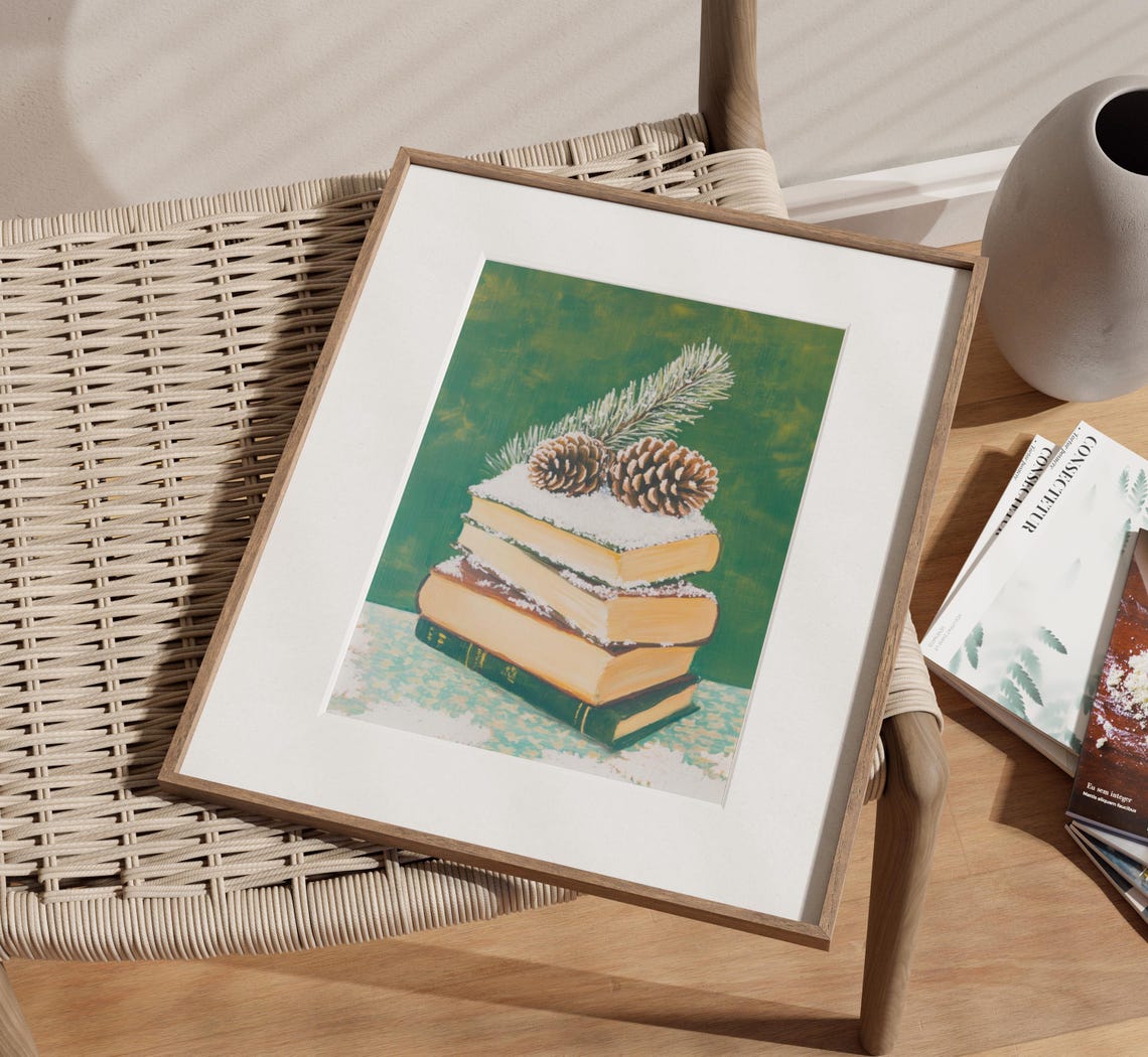 Stack of Books in Snow with Pinecones and Pine Sprig Still Life Poster - Image 2