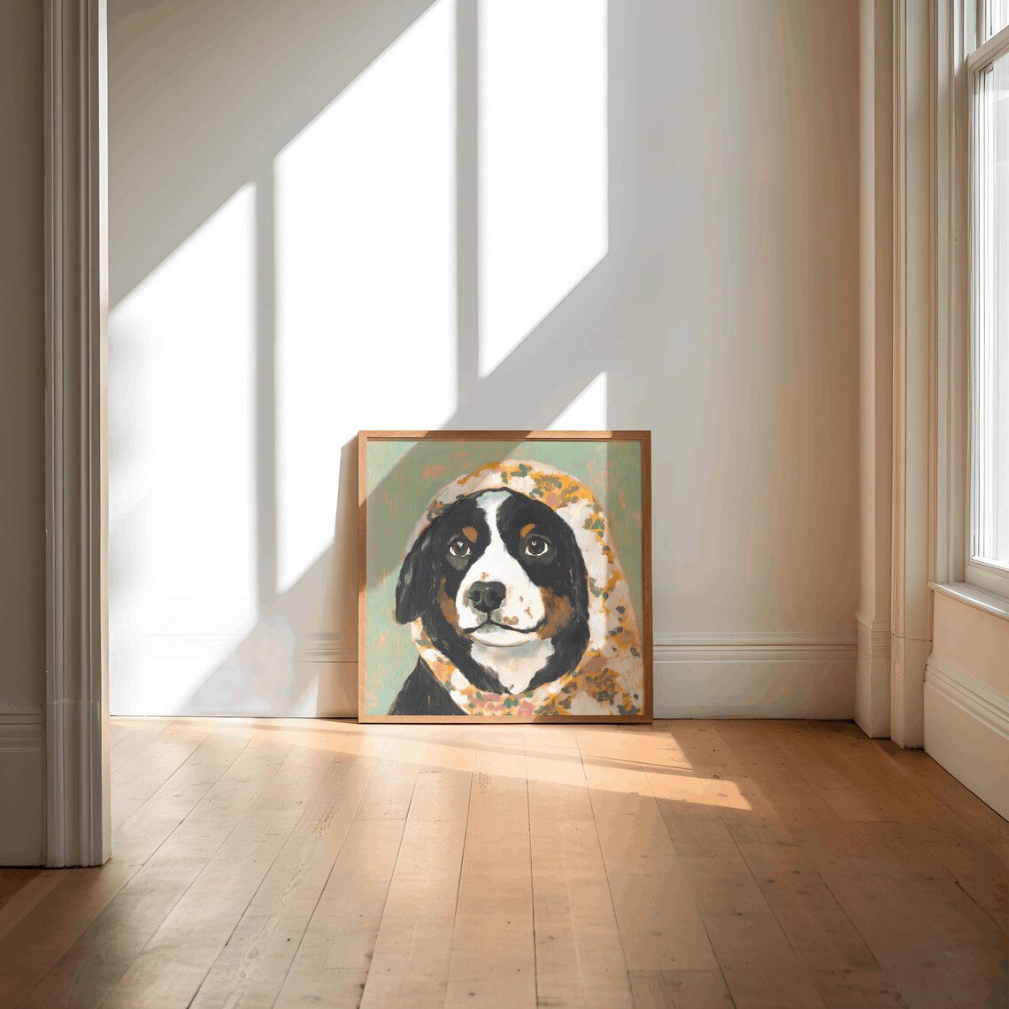 Bernese Mountain Dog Puppy In Floral Blanket Portrait Poster