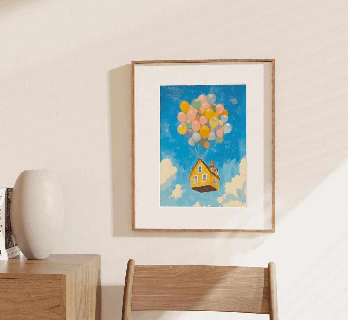 Floating Yellow House Colorful Balloon Sky Whimsical Art Print - Image 3