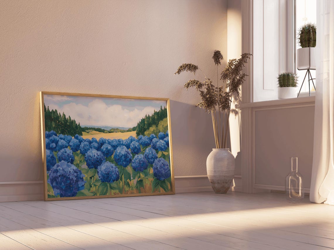 Blue Hydrangea Field Painting Garden Blooms Summer Art Poster