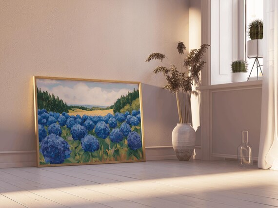 Blue Hydrangea Field Painting Garden Blooms Summer Art Poster