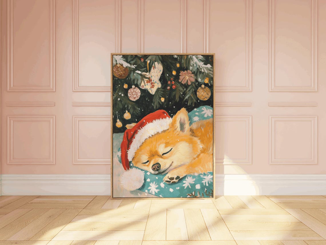 Sleeping Pomeranian Santa Hat Christmas Tree Cozy Painting Poster