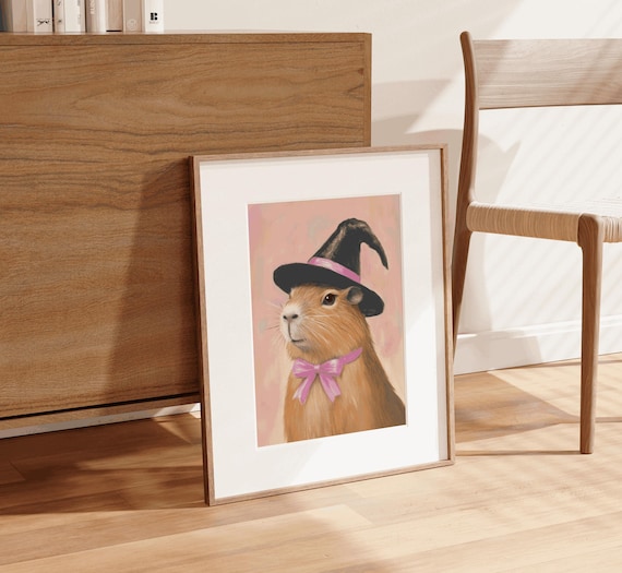 Capybara Witch Hat Pink Bow Cute Halloween Watercolor Art Print