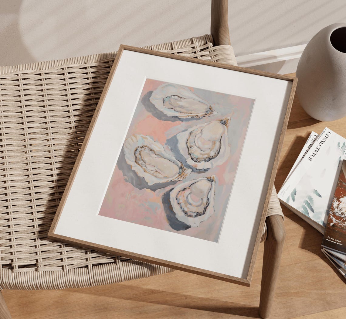 Oyster Shells Painted In Pastel Pink And Blue Coastal Poster