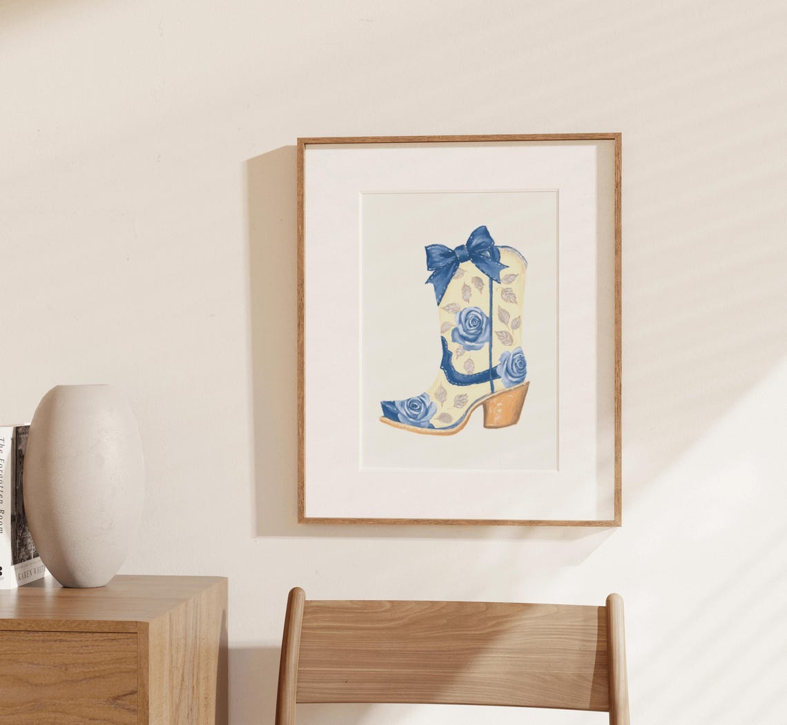 Cowboy Boot With Blue Roses And Bow Floral Western Art Poster - Image 3