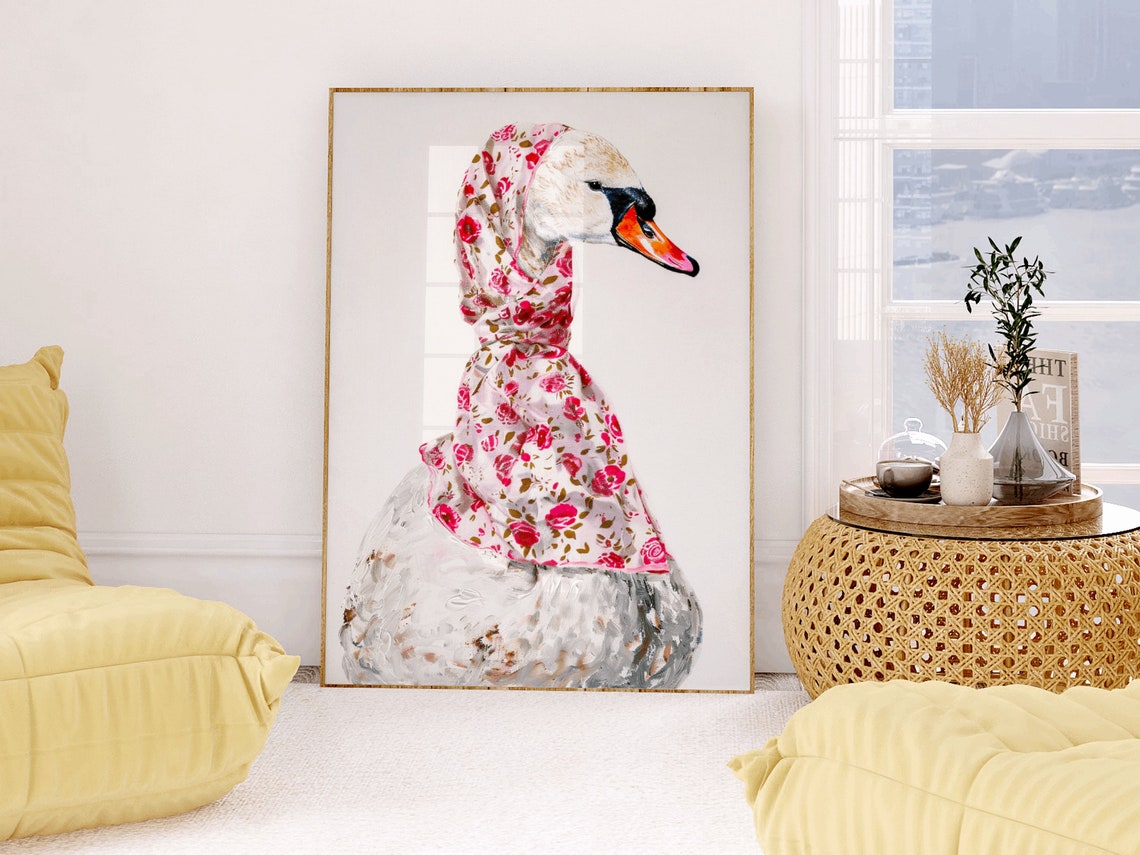 Swan In Floral Rose Headscarf Whimsical Bird Portrait Painting Poster - Image 2