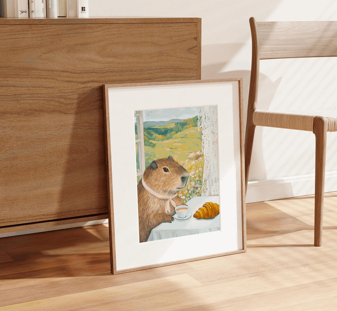 Capybara Cafe Coffee Croissant Cozy Countryside Watercolor Poster