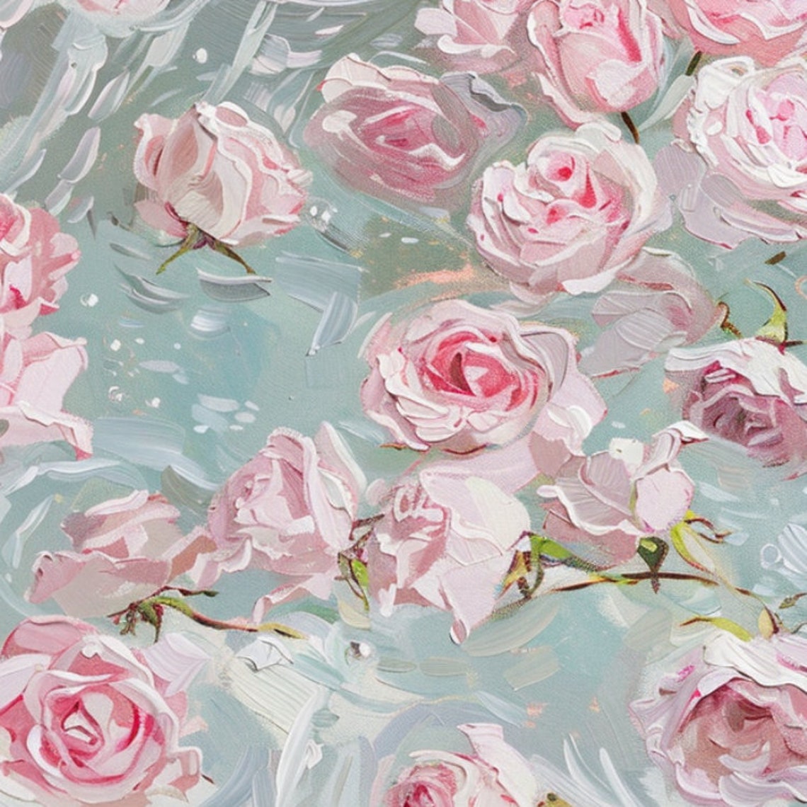 Pink Roses Floating On Teal Water Floral Impressionist Painting Poster - Image 3