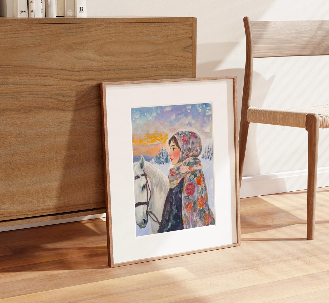 Lady And Her Horse Winter Babushka Equestrian Winter Scene Farmhouse Christmas Decor Winter Horses Horse Lover Gift Horse Mom - Image 2