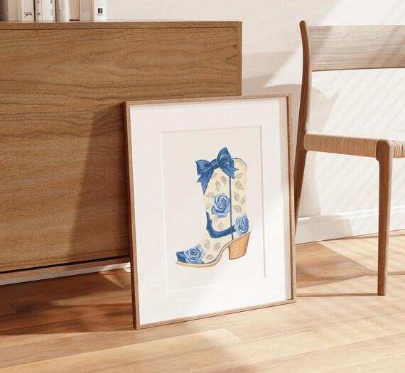Cowboy Boot With Blue Roses And Bow Floral Western Art Poster